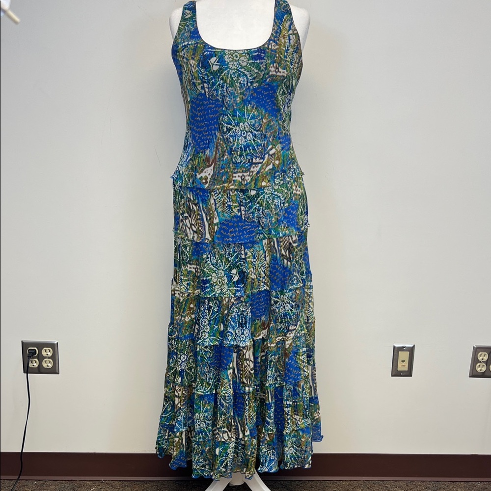 Jones New York Blue Green Y2K Sleeveless Quirky Flowy Maxi Dress Size 14
